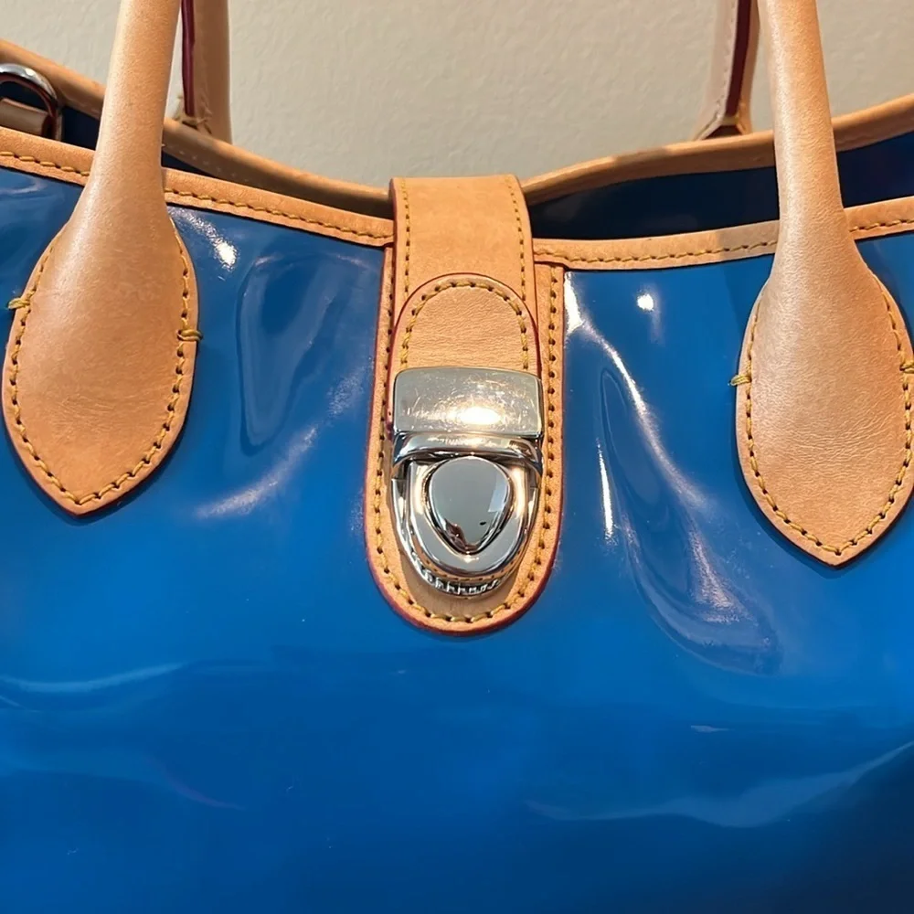 Dooney & Bourke  Satchel  Royal blue coated canvas/ tan leather trim   Like New